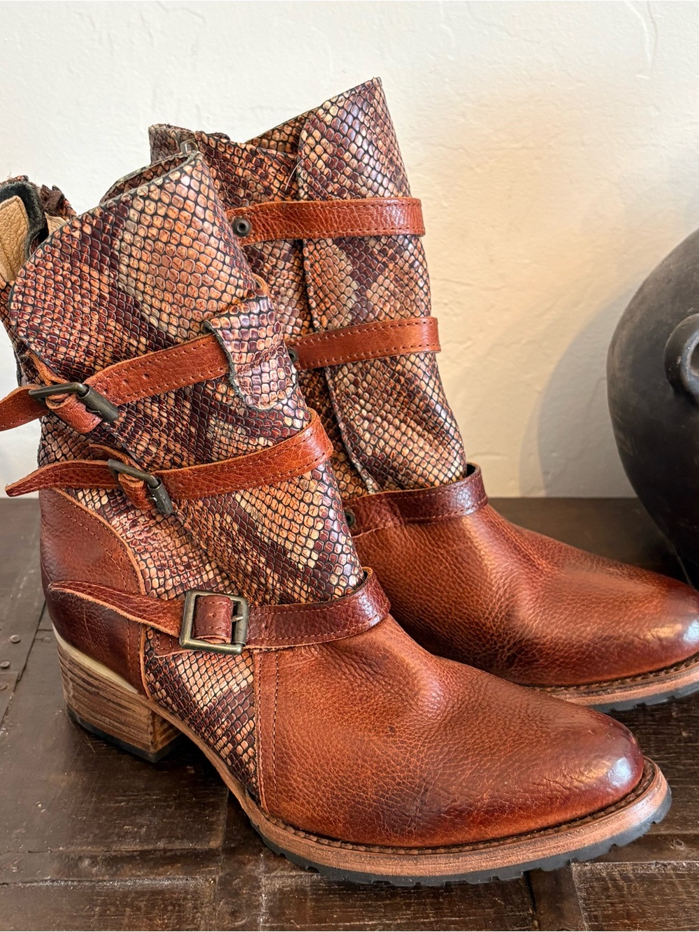 Freebird Steven Apex Cognac Brown and Snakeskin Leather Booties - Size 11